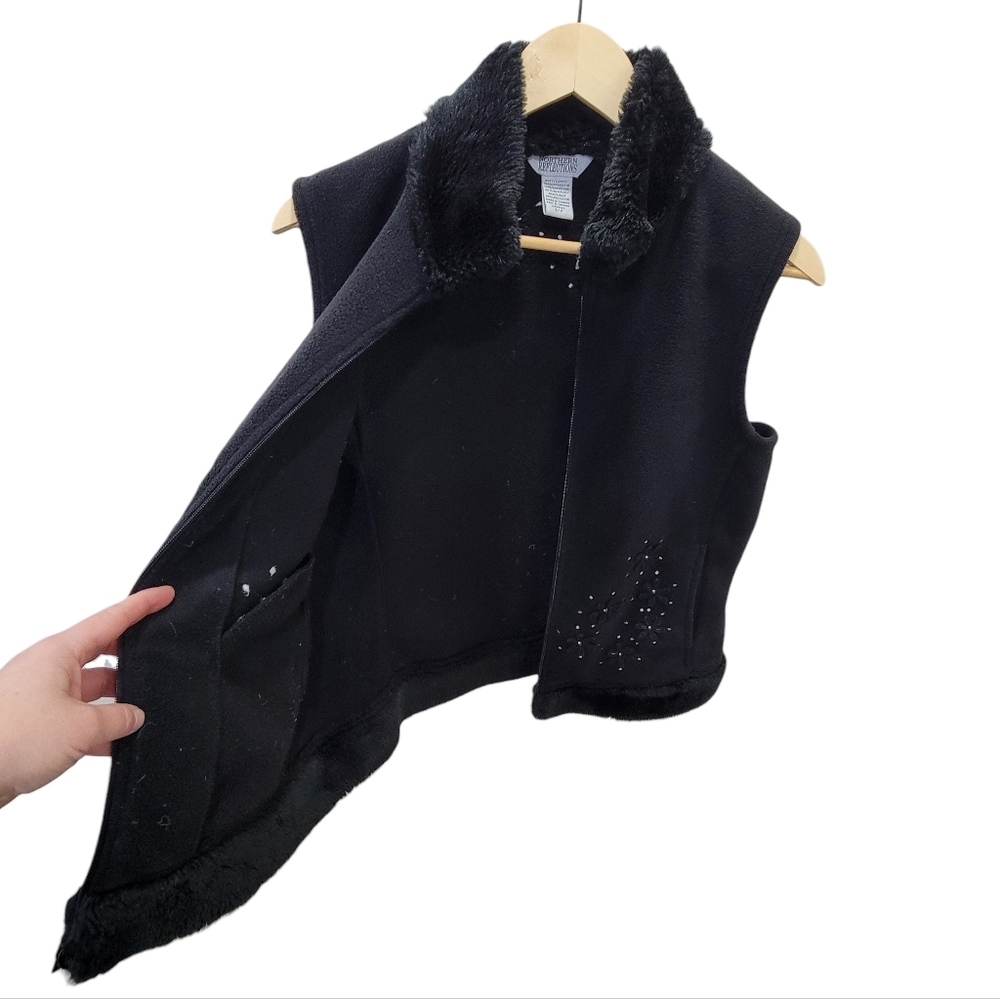 Vintage Northern Reflections Fleece Vest Black Faux Fur Trim Cozy Warm Women’s S - Picture 5 of 17